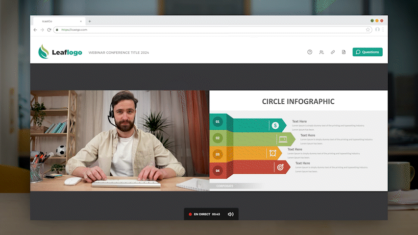 Interface d'une webdiffusion en direct sur la plateforme icastGo.