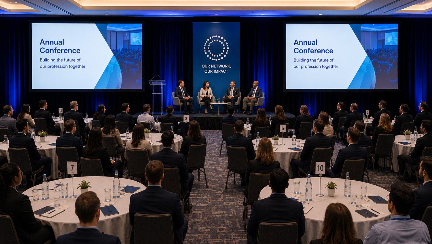 Professional conference with presenters on stage and attendees in the audience.