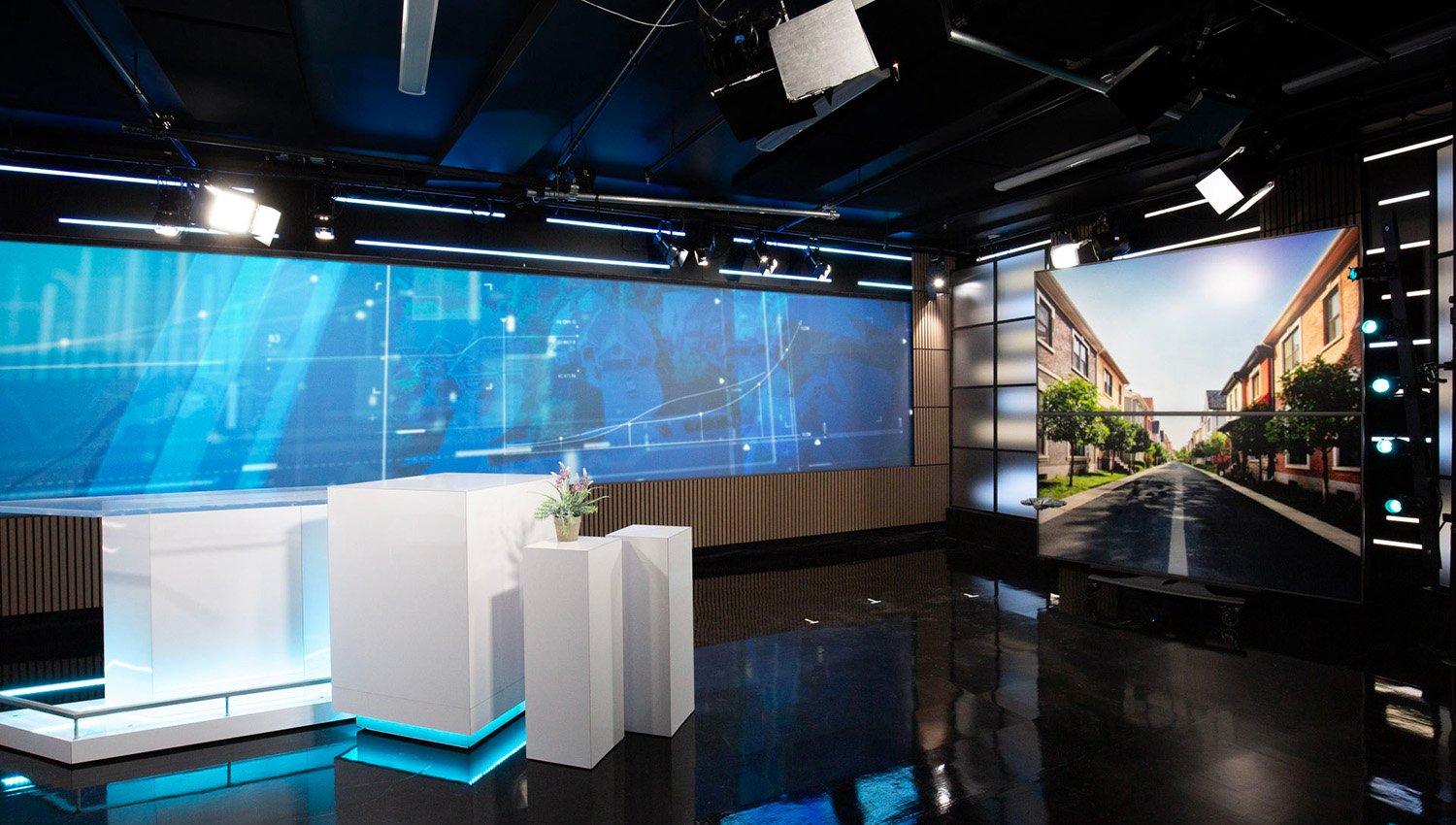 Professional broadcast studio designed for hybrid events and live productions.