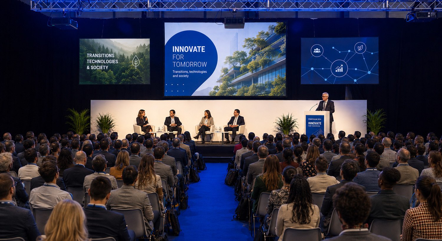 Professional conference with speakers and a large audience.