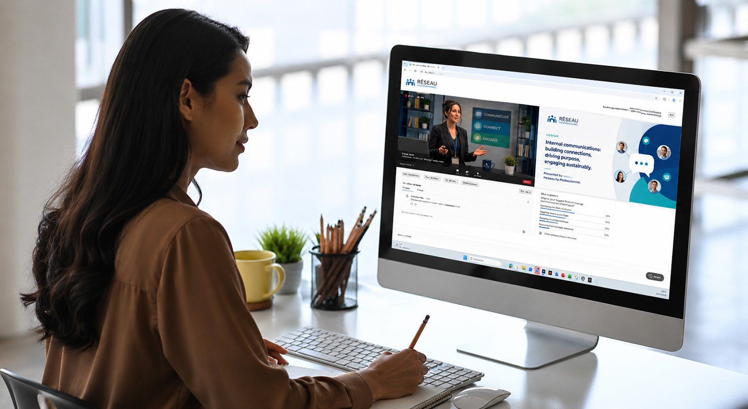 Professional attending a webinar from her office.