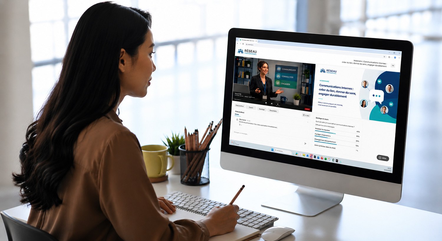 Professionnelle participant à un webinaire depuis son bureau.