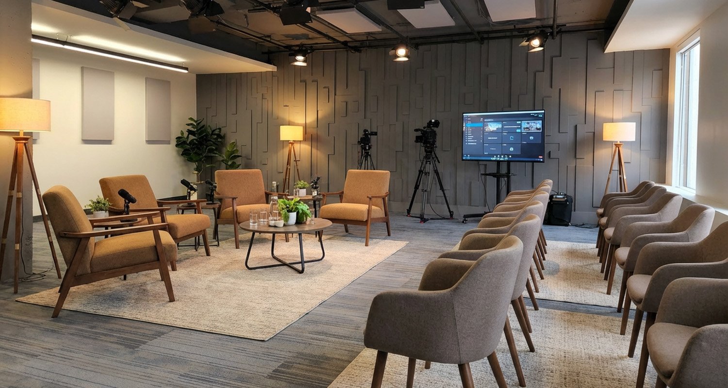 Studio Yonge aménagé pour une table ronde avec public.