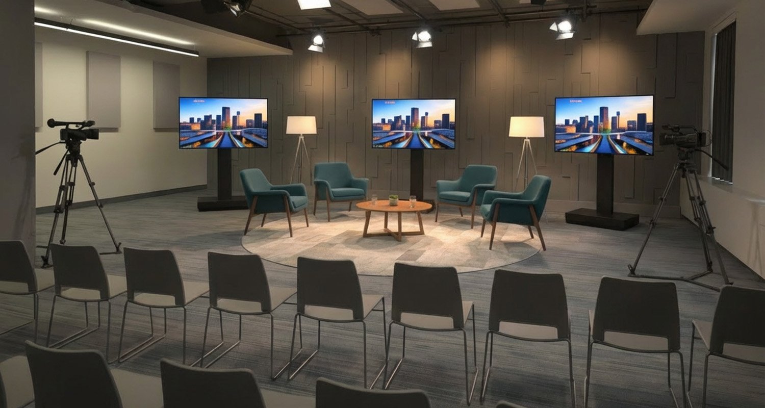 Studio Yonge aménagé pour une discussion en studio.