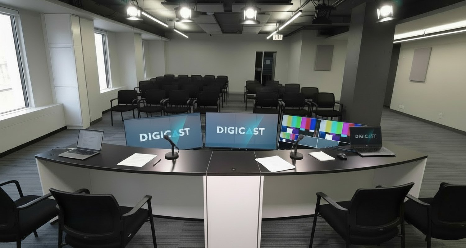Studio Yonge équipé pour une webdiffusion avec public en salle.