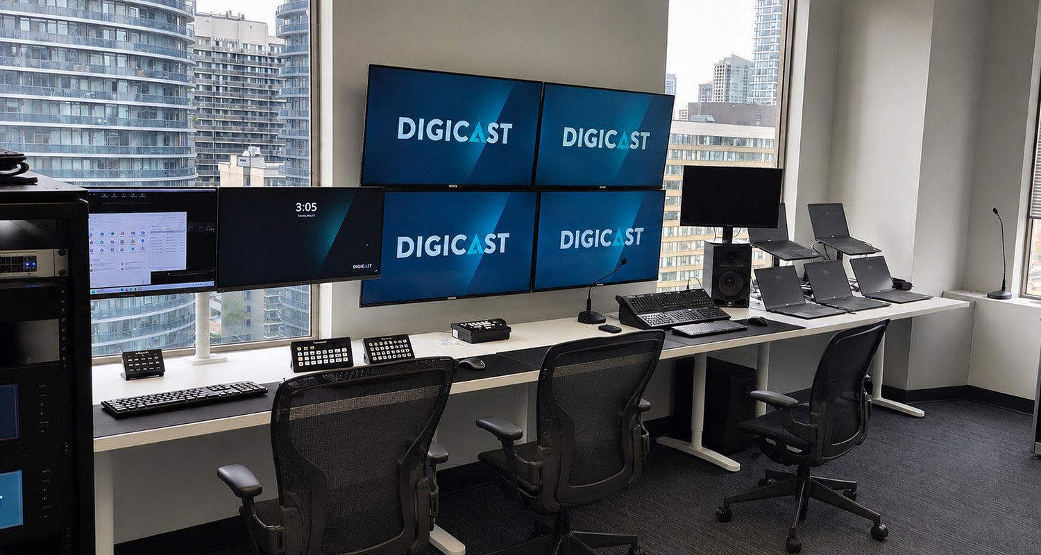 Régie technique du Studio Yonge équipée pour la production et la diffusion d'événements.