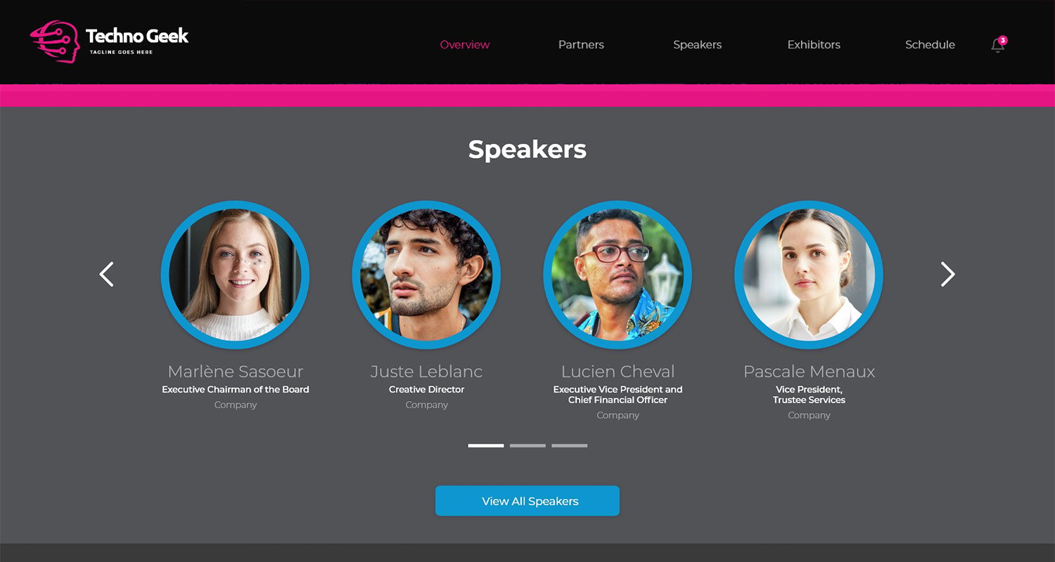 Event speakers page interface in the icastEvent platform.