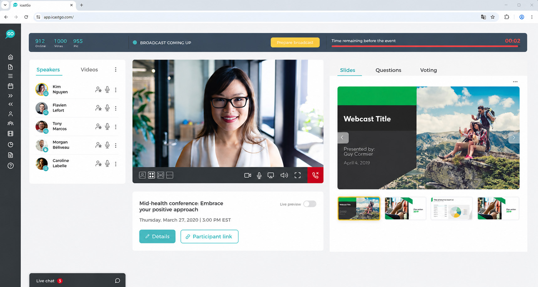 Webcast preparation and management interface in the icastGo platform.