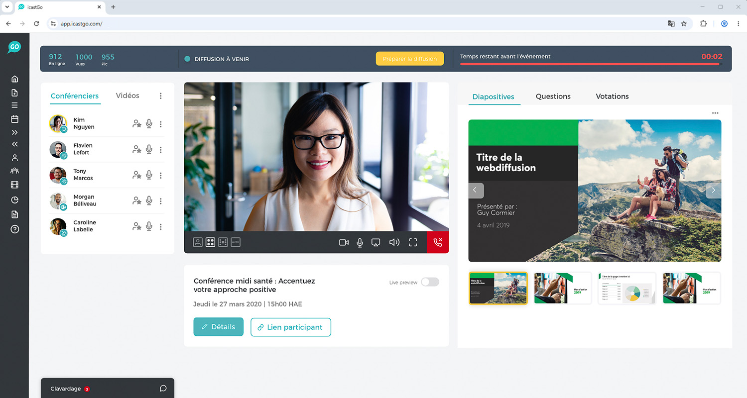 Interface de préparation et de gestion d'une webdiffusion sur la plateforme icastGo.