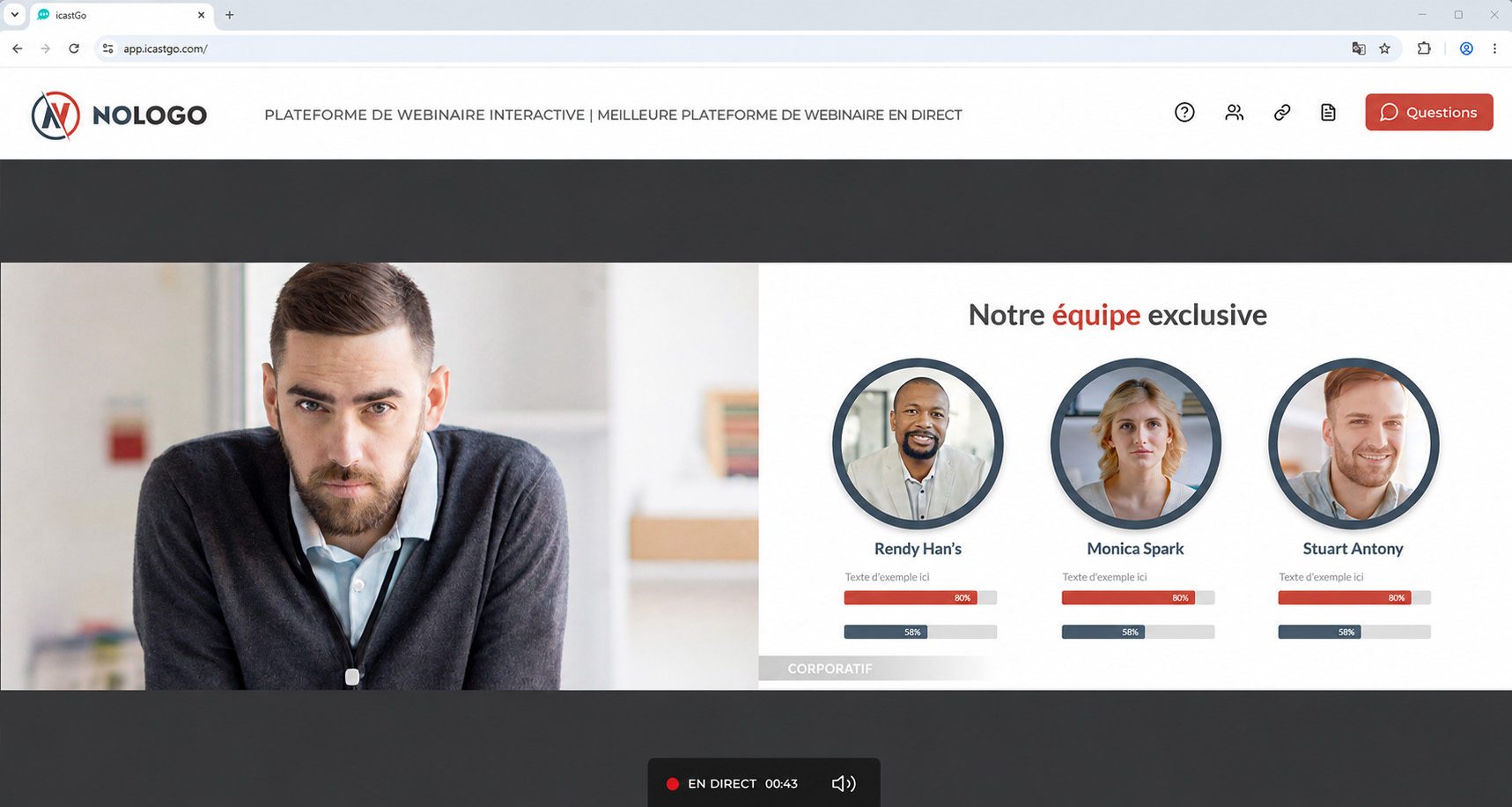 Interface d'un webinaire interactif sur la plateforme icastGo.