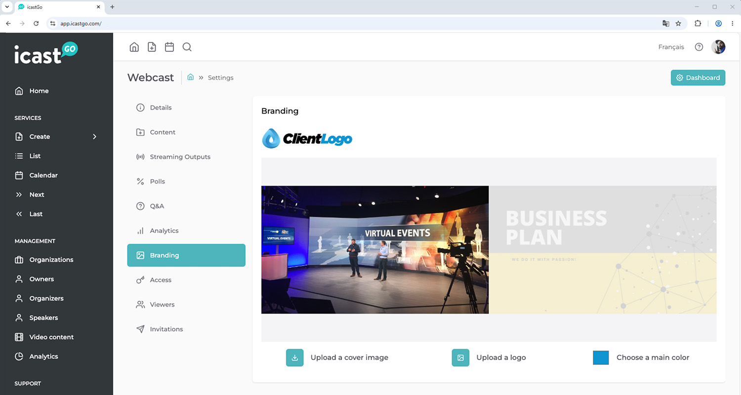 Webcast branding customization interface in the icastGo platform.