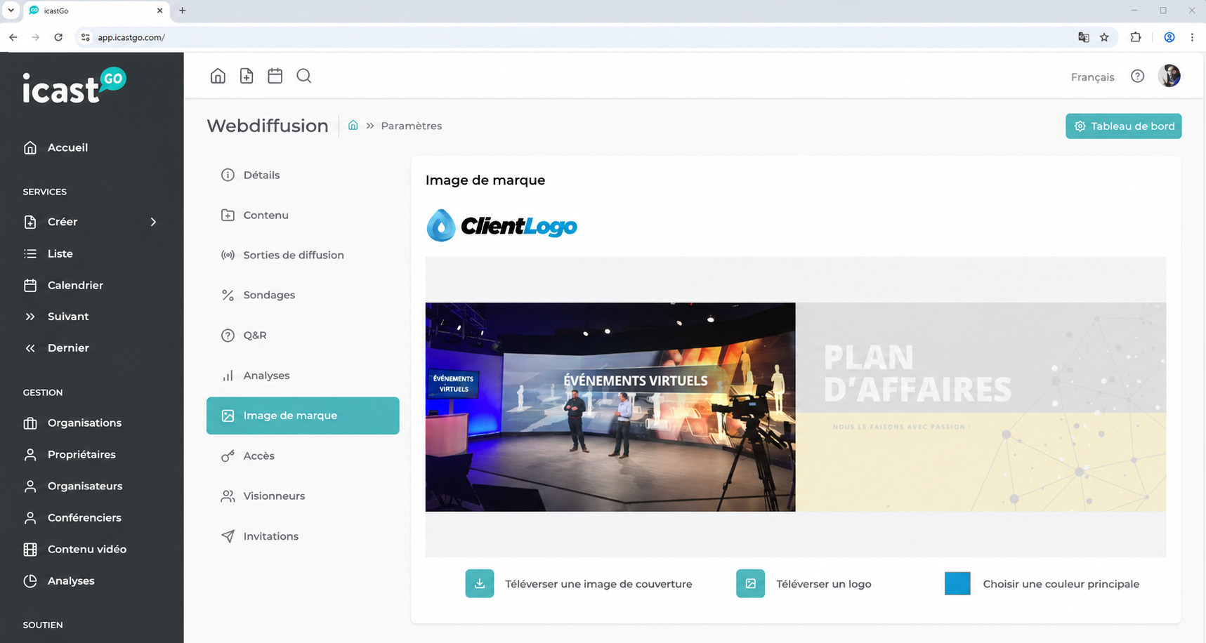 Interface de personnalisation d'une webdiffusion sur la plateforme icastGo.