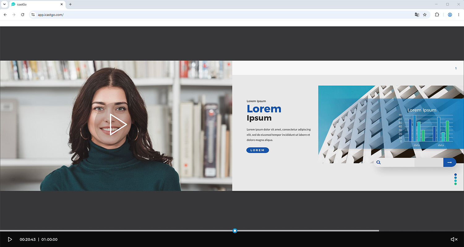 Interface de lecture vidéo à la demande sur la plateforme icastGo.