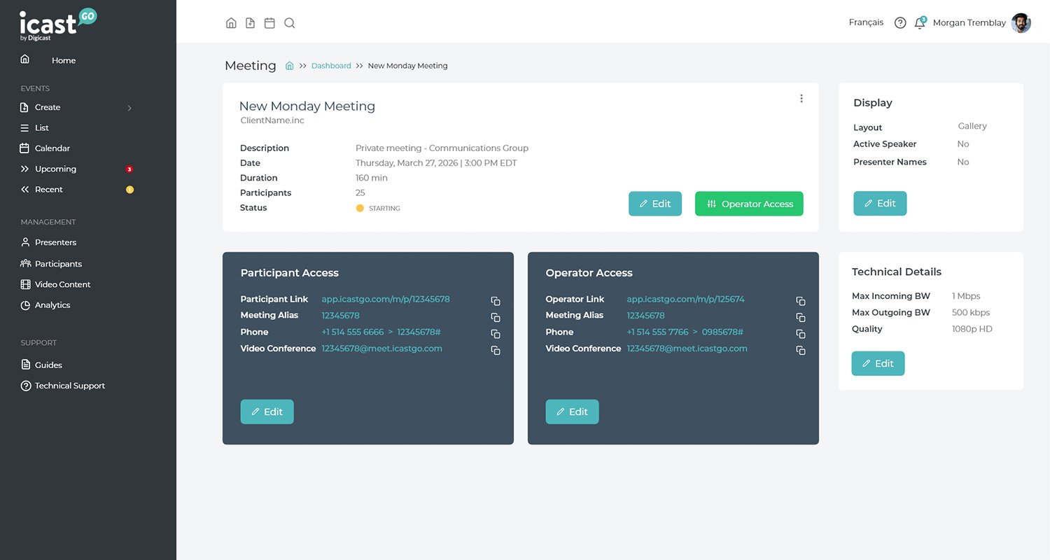 icastMeet technology solution administration interface for managing meetings, participants, and settings.