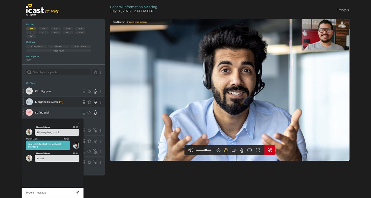 icastMeet technology solution interface displaying a virtual meeting with participants, screen sharing, and chat.