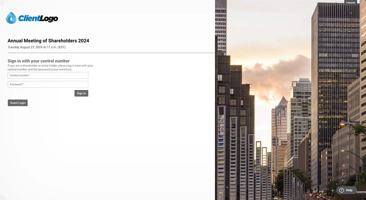 Secure shareholder meeting login page in the icastPro platform.