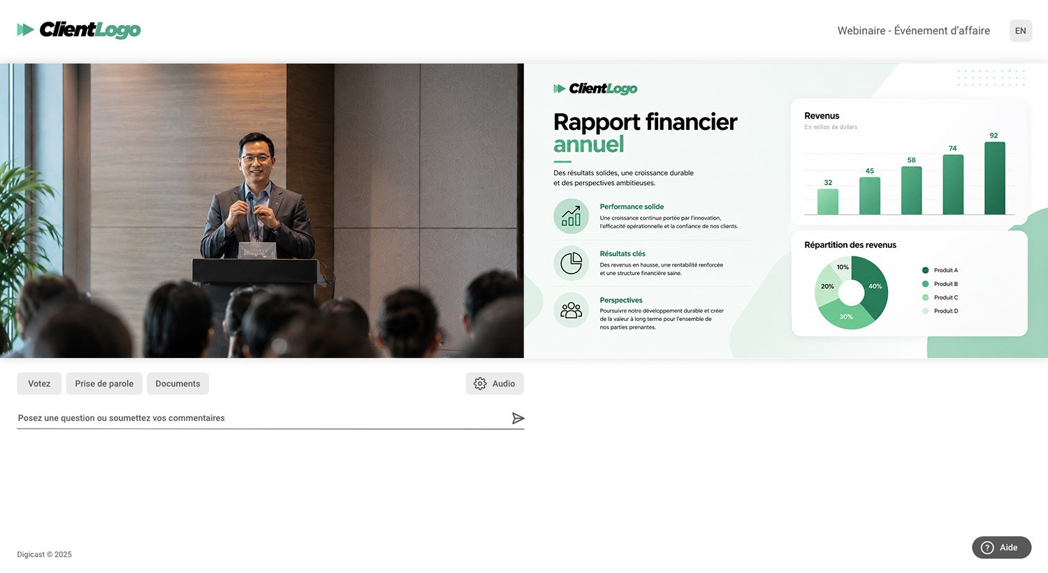 Présentation d'affaires avec rapport financier diffusée sur icastPro.