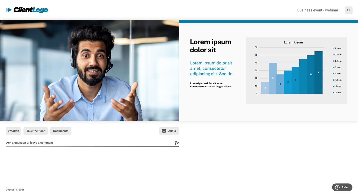 Presenter speaking during a live webinar in the icastPro platform.