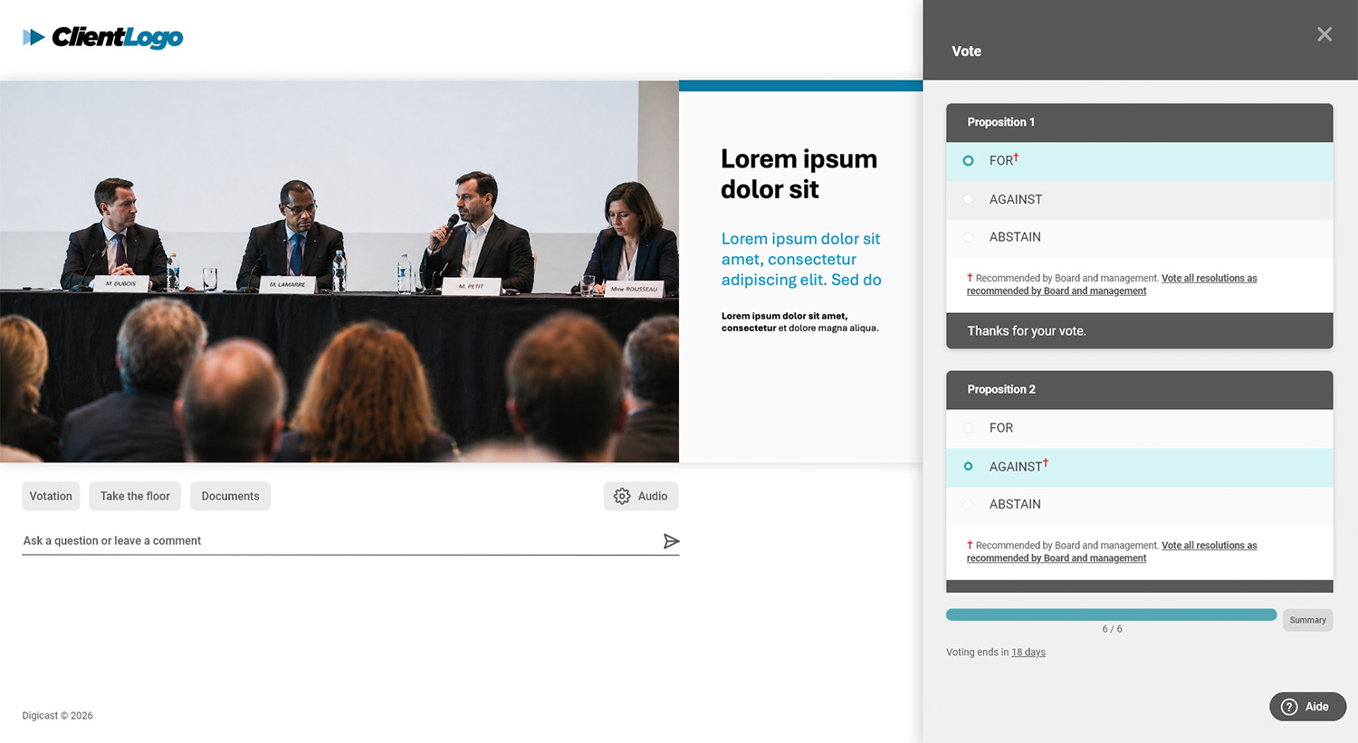 Annual General Meeting webcast with secure online voting in icastPro.
