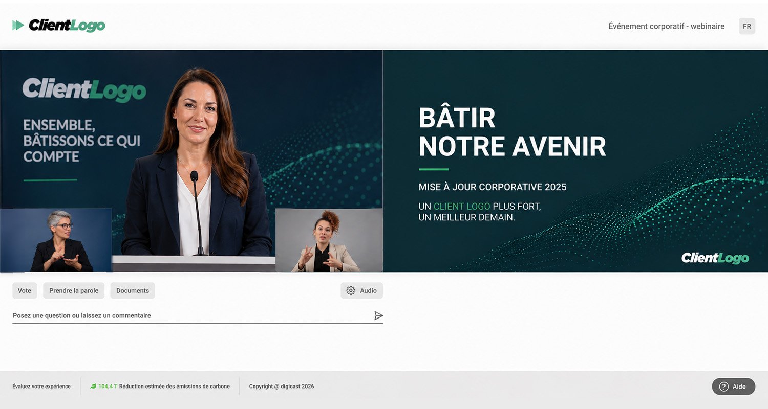 Interface de la solution technologique icastTranscript avec deux interprètes à l'écran.