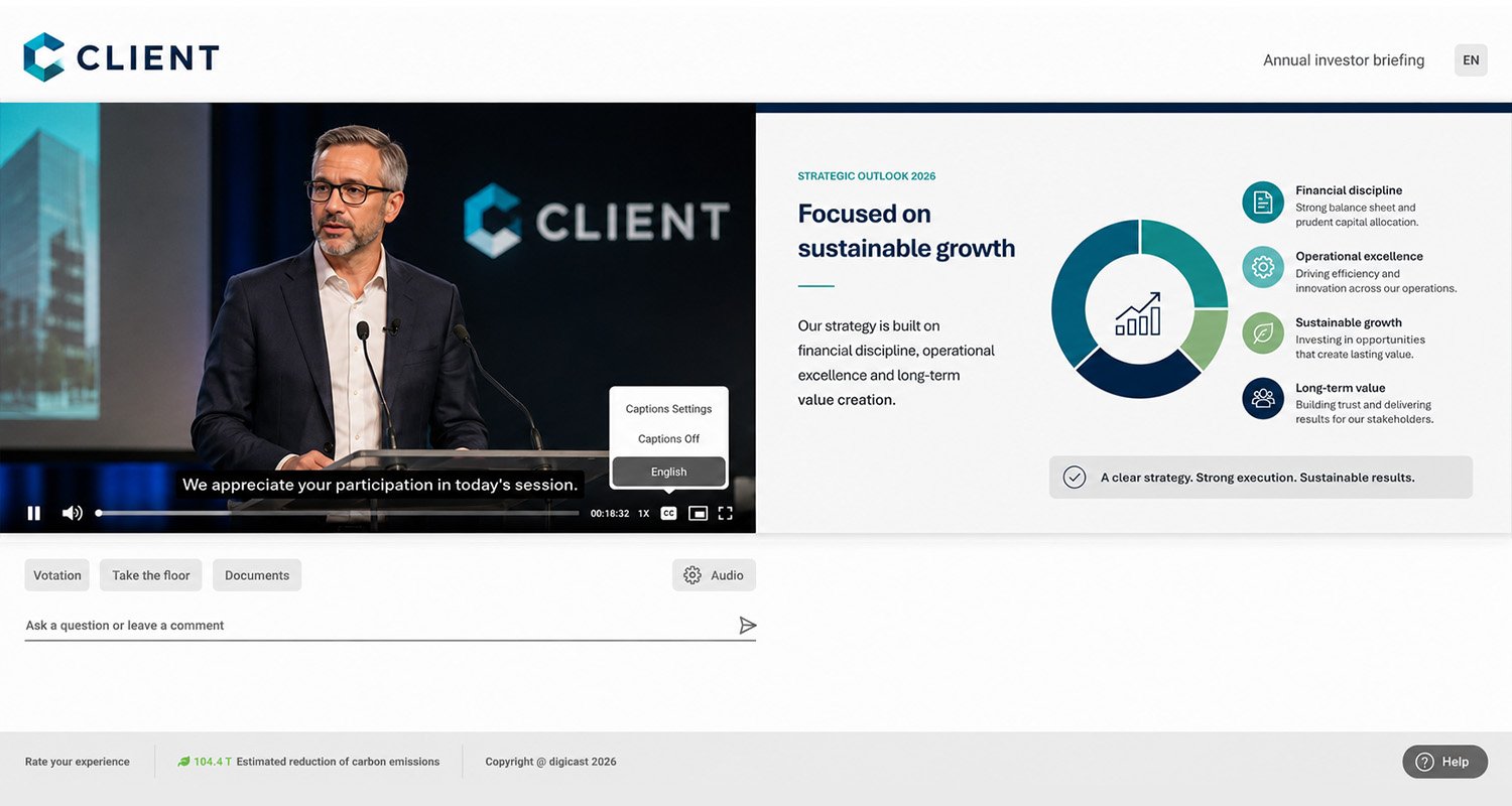 icastTranscript avec sous-titrage en direct. icastTranscript technology solution interface with live closed captions.