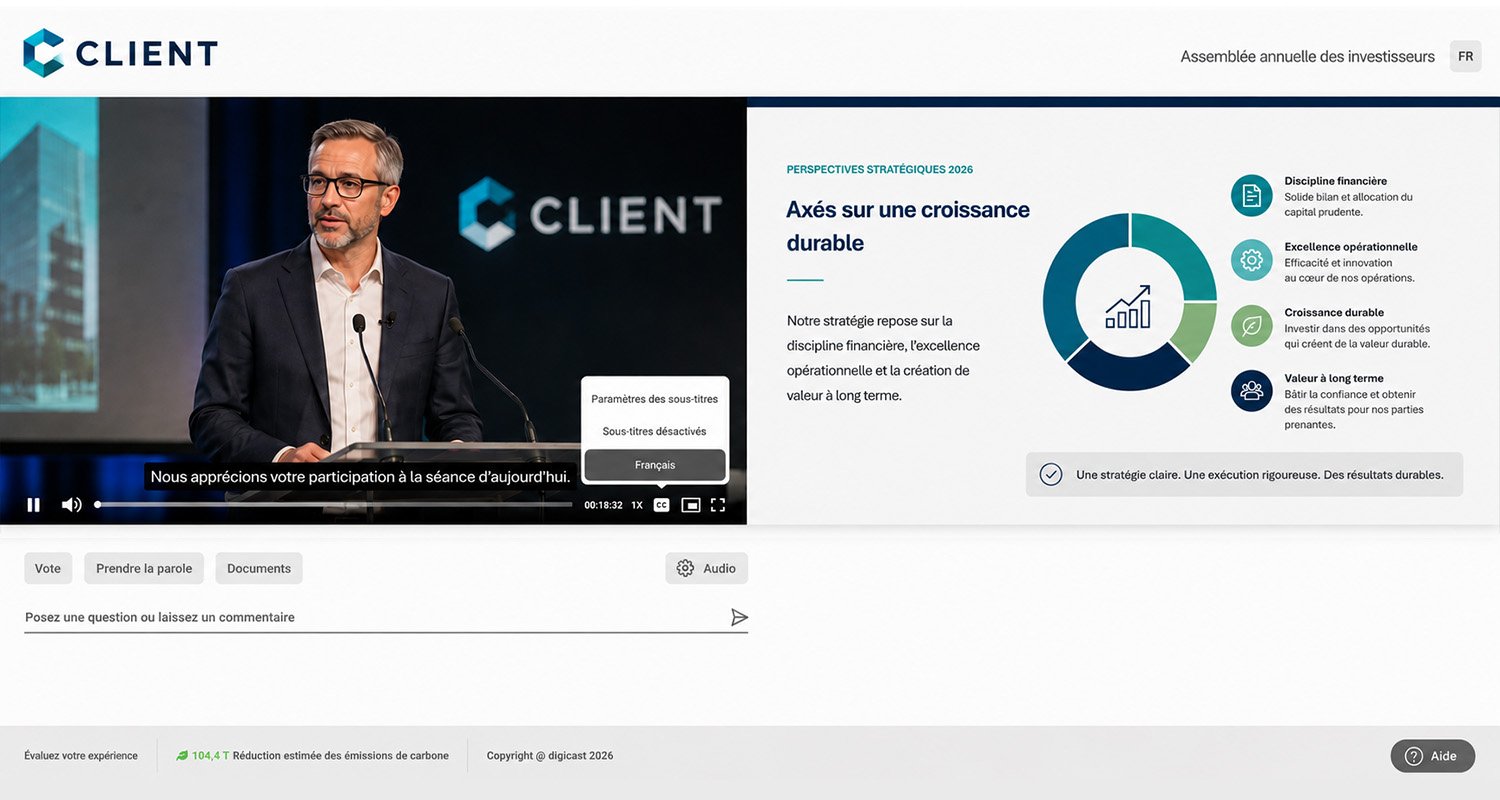 Interface de la solution technologique icastTranscript avec sous-titrage en direct.
