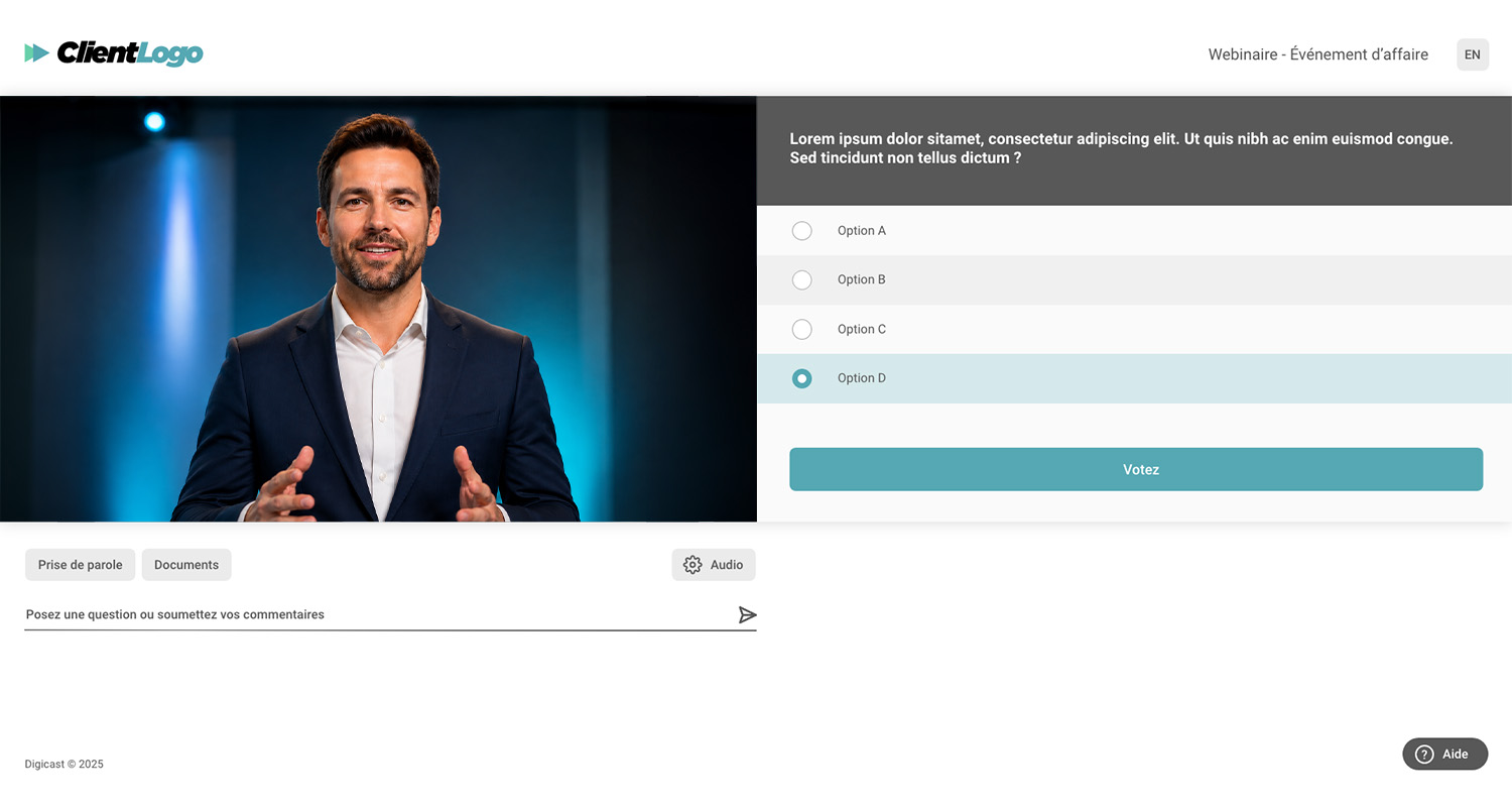 Interface de la solution technologique icastVote avec module de vote en direct.