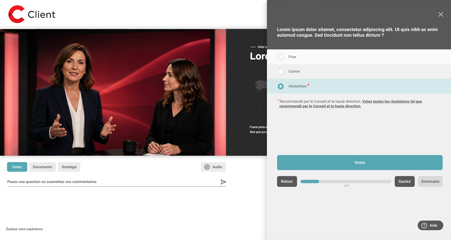Interface de la solution technologique icastVote pour les votes et sondages en direct.