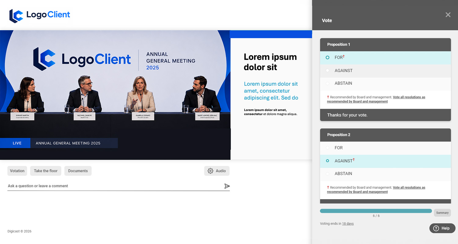 Secure voting interface in the icastVote technology solution for an annual general meeting.