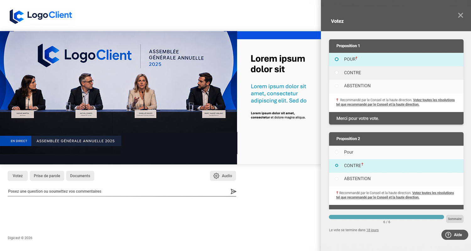 Interface de la solution technologique icastVote pour les votes sécurisés lors d'une assemblée générale.