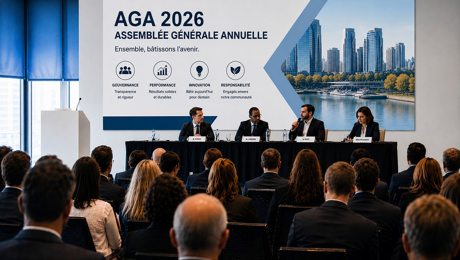 Assemblée générale annuelle réunissant des actionnaires en présentiel.