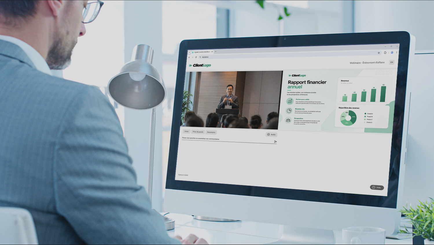 Présentation aux investisseurs diffusée dans une interface sécurisée.