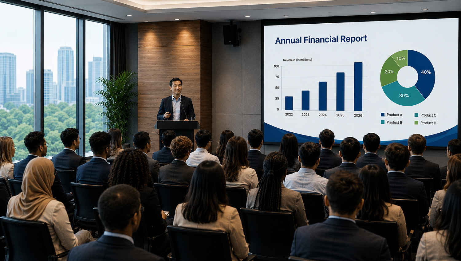 Investor presentation delivered to an audience with financial data displayed on screen.