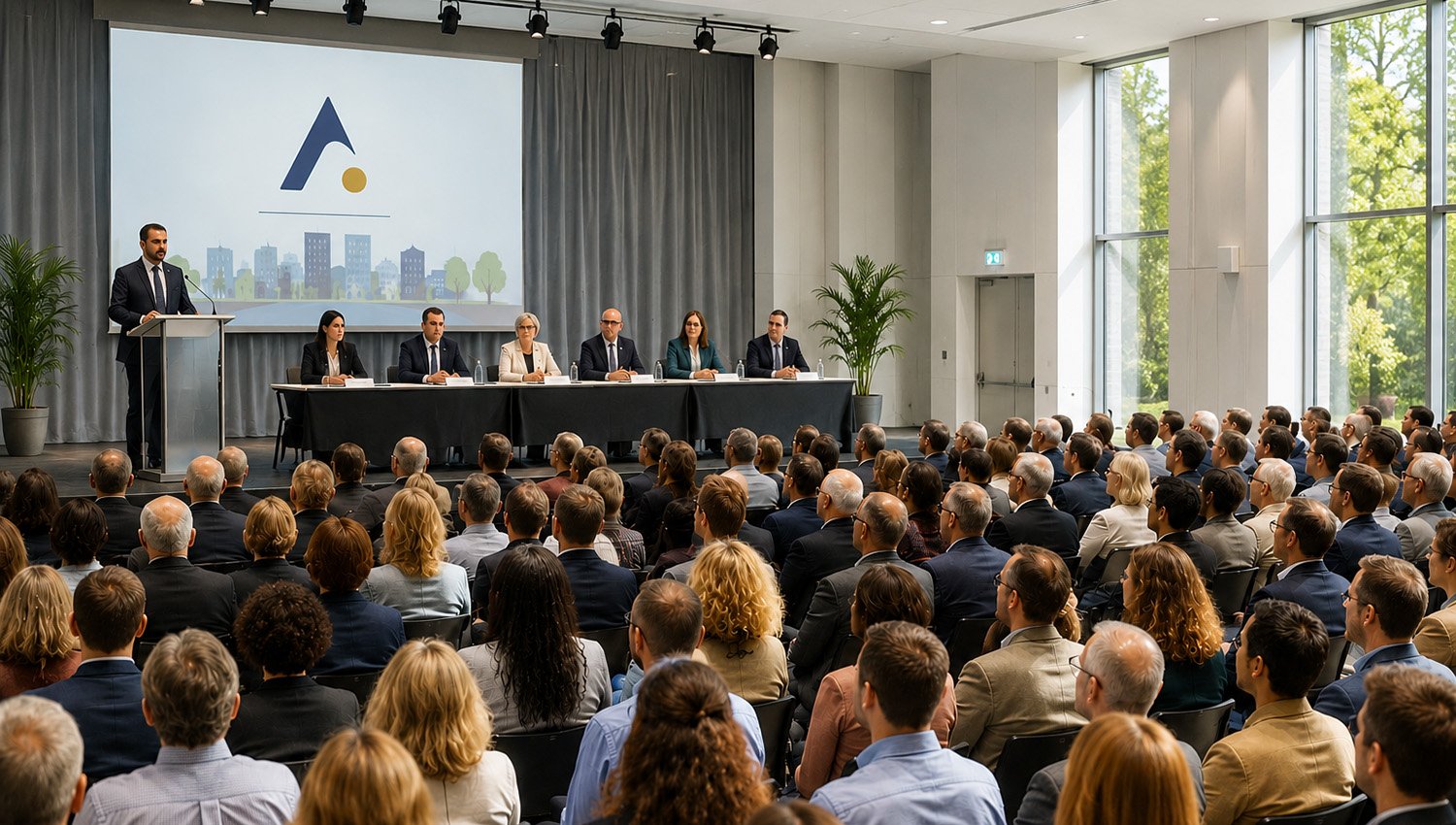 Shareholder meeting featuring an executive panel presenting to attendees.
